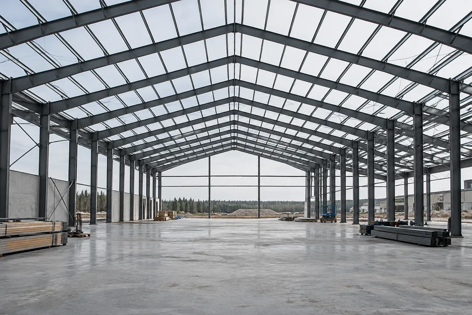 Editorial study of a repeatable industrial steel hall.