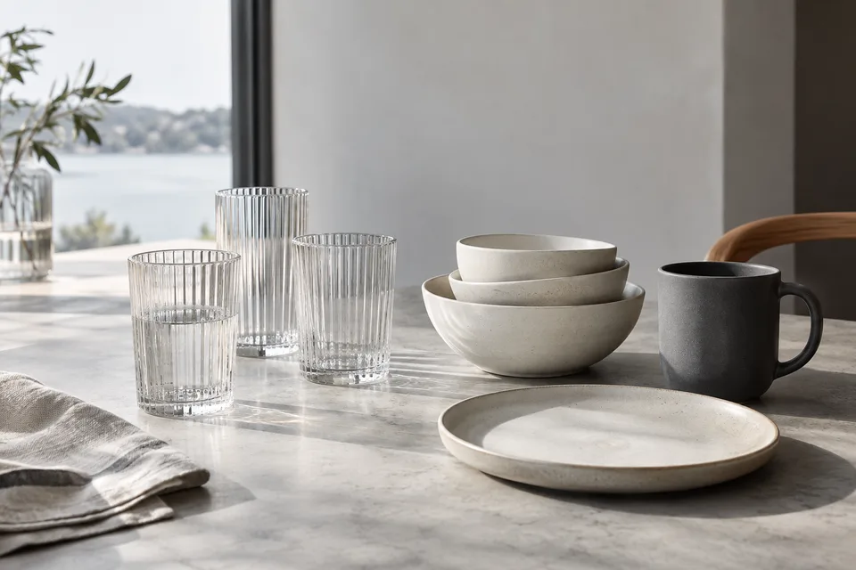AI-generated still life of clear ribbed glasses and simple ceramic tableware