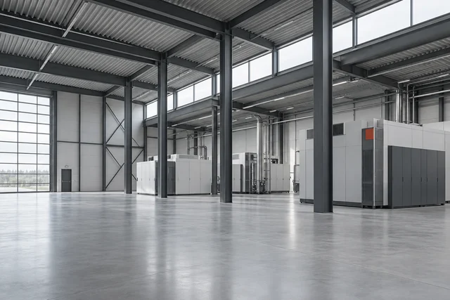 Illustrative industrial hall with steel structure, equipment and open access space