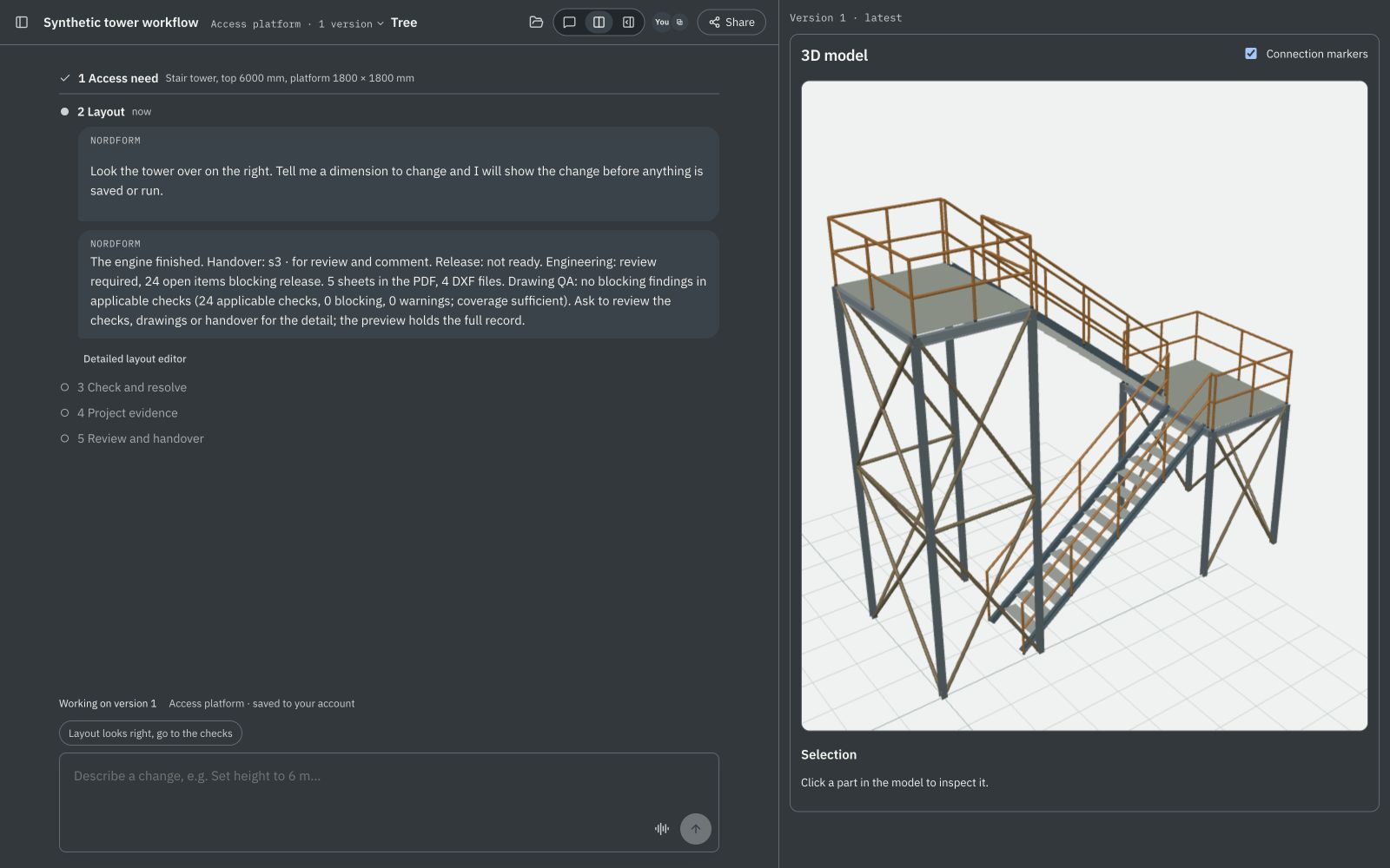 Nordform industrial workspace showing a steel access tower beside its design conversation.