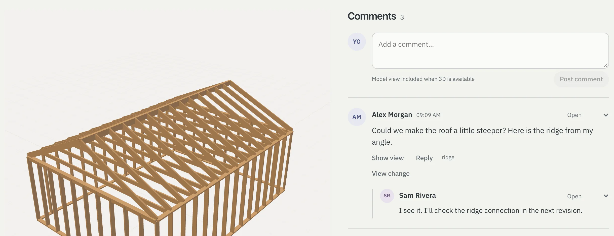A reviewer’s page: a timber frame model on the left, threaded comments on the right with Show view, Reply and View change
