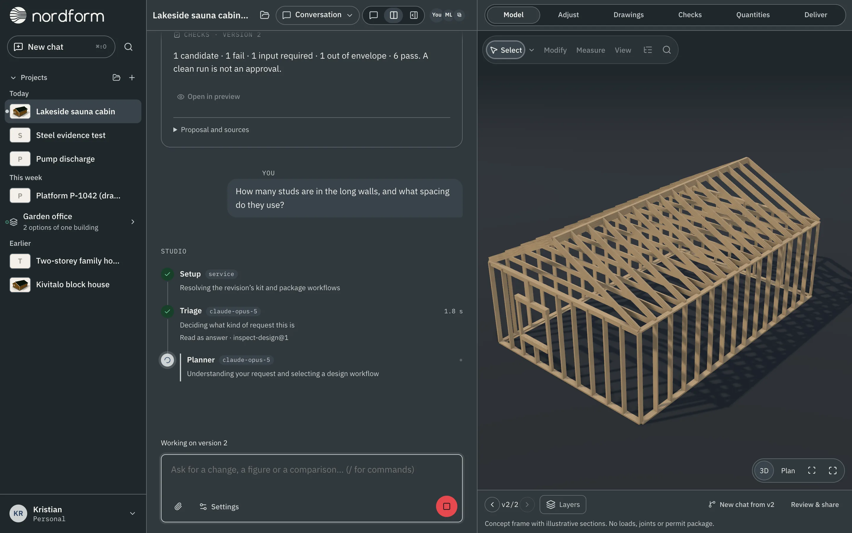 Nordform: projects on the left, the conversation in the middle with Nordform working on a question, and the 3D timber frame on the right