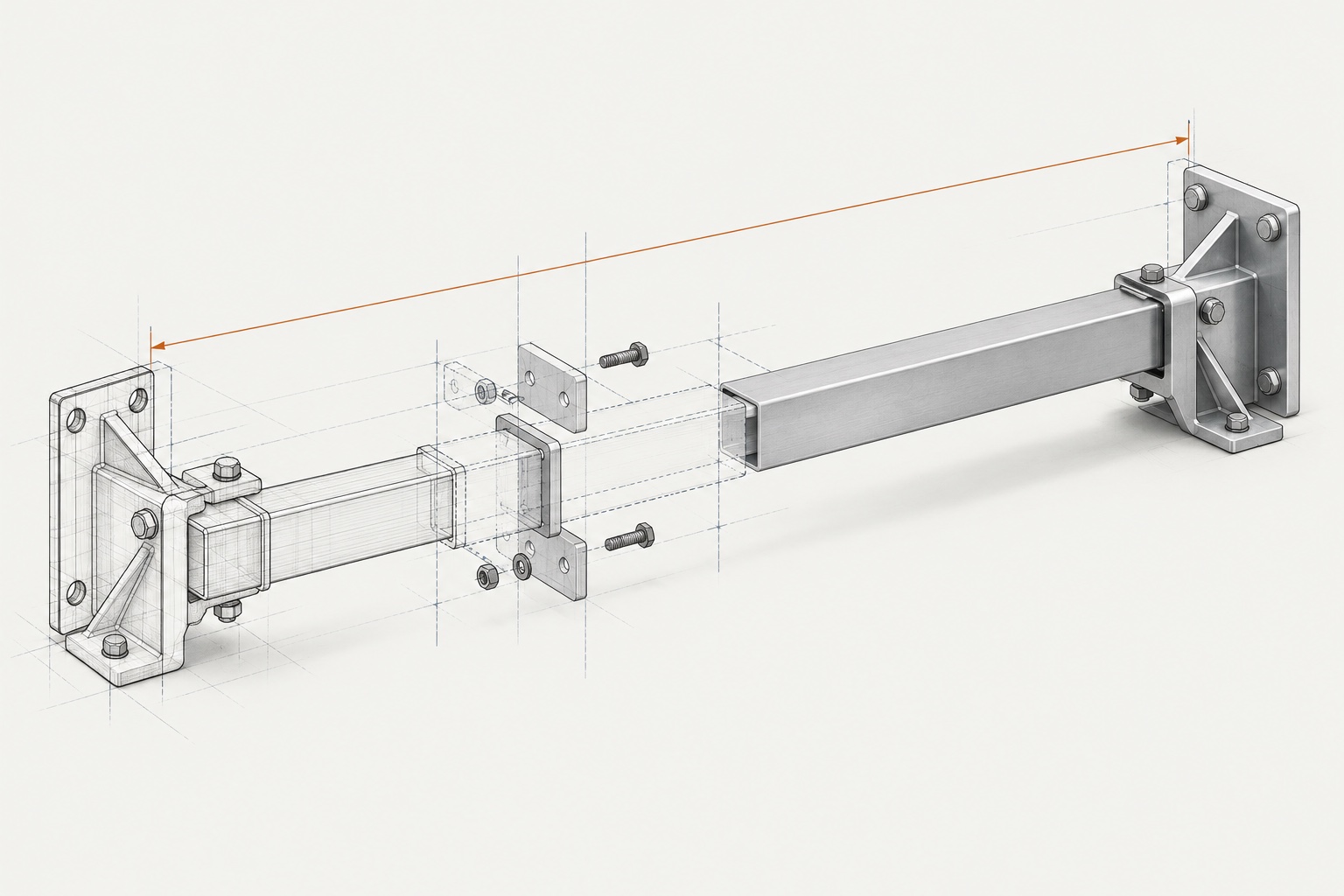 Editorial illustration of a mounting assembly, moving from graphite wireframe to a detailed metal beam and brackets.